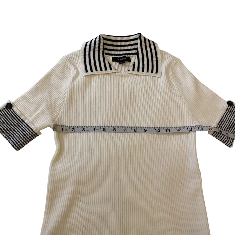 Women's Sz Medium Calligraphie Collared Short Sleeve Fitted Black/White Sweater